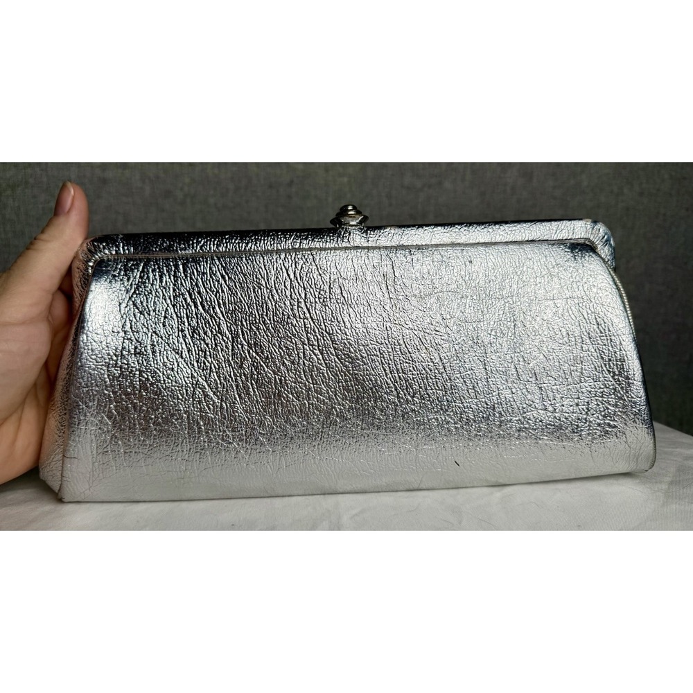 Vintage 50s 60s MCM Silver Metallic Evening Clutch Bag 10" Kiss Clasp Mod Retro